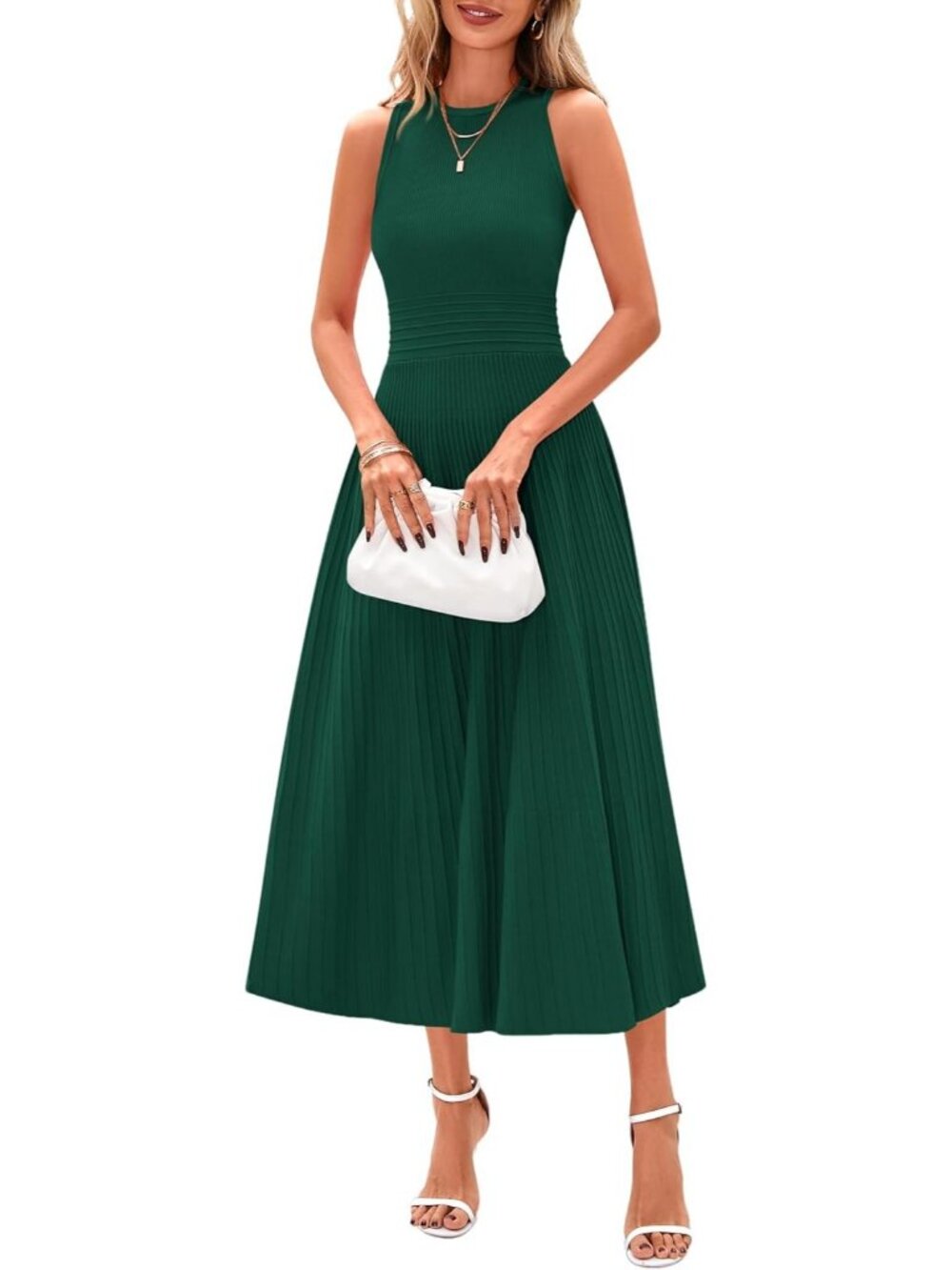 Women's Dress Midi Dark Green Crew Neck Short Sleeveles A Line Casual Summer